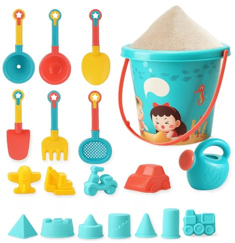 Toyana Bucket and Spade Beach Set for Kids - 18 Piece Beach Sand Toys with Bucket, Watering Can, Spades, Rakes, Sandcastle & Vehicle Moulds, Outdoor Summer Toy for Toddlers Age 3+