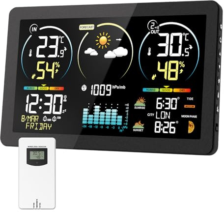 Wetterstation Funk mit Außensensor, 7,8 Zoll Großes Farbdisplay mit Beleuchtung & DCF Funkuhr, Wettervorhersage, Innen- & Außentemperatur, Luftfeuchtigkeit, Luftdruck, Mondphase (Schwarz1)
