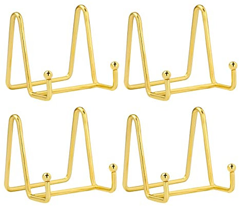 HCHLQLZ Lot de 4 Métal Or chevalets Porte Assiette Présentoirs Décoratifs en pour Photo, Cadres pour Image, Assiettes décoratives, Tableaux et pièces d’Art-3x3