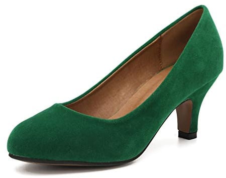Women's Classic Round Toe Pump Kitten Low Heel Shoes, Velvet Green, 7 UK