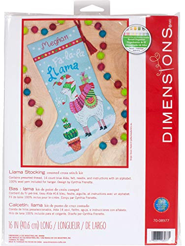 Dimensions 70-08977, Blau, Kreuzstich Fa La Llama, personalisiertes Weihnachtsstrumpf-Set, 14 Zählmuster, 40,6 cm, Wolle