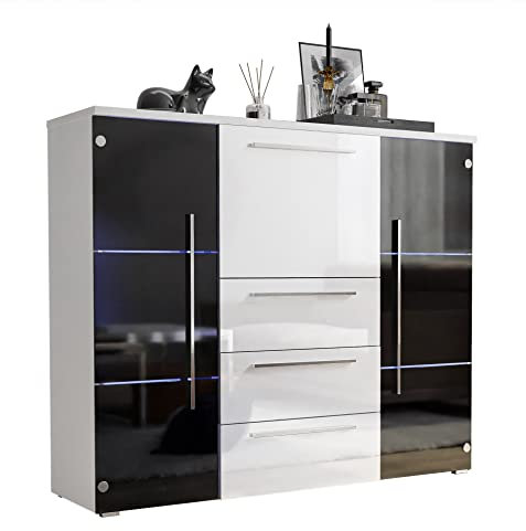 lukmebel Kommode BARI Hochglanz mit Schubladen und Barfach Wohnzimmer Wohnzimmerschrank LED kostenlos HG Highboard Sideboard Schrank Schlafzimmer Schrank Mehrzweckschrank (Weiß/Weiß + Schwarz)