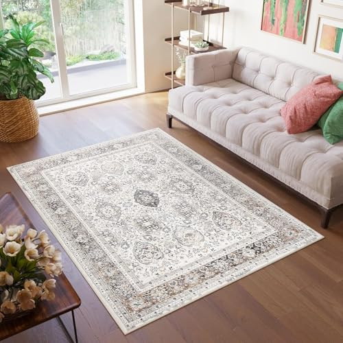 TAPISO Valley Teppich Kurzflor Weiß Beige Grau Vintage 120 x 170 cm | Ornament Blumen Used Effekt Meliert Verwischt Wohnzimmer Schlafzimmer OEKO-TEX