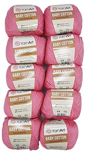 10 x 50g Strickwolle YarnArt Baby Cotton mit 50% Baumwolle, 500 Gramm Wolle einfarbig (rosa 414)