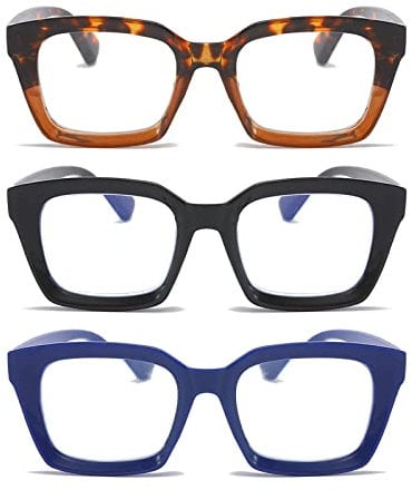 MMOWW 3-Pack Oversized Reading Glasses for Women - Anti Blue Light Glasses with Square Frame +1.5