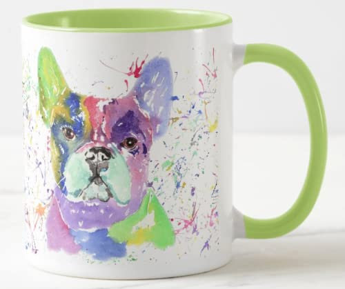 Vixar French Bulldog Frenchie Dog Pet Watercolour Rainbow Art Coloured Mug Cup Gift Birthday Work Office Christmas Tea Coffee (L Green)