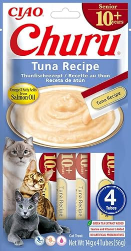 INABA Churu Senior - Deliciosos Snacks para Gatos Mayores 10+ años - Textura Suave y Cremosa - Receta de Atún 14x4 Tubos (56g)