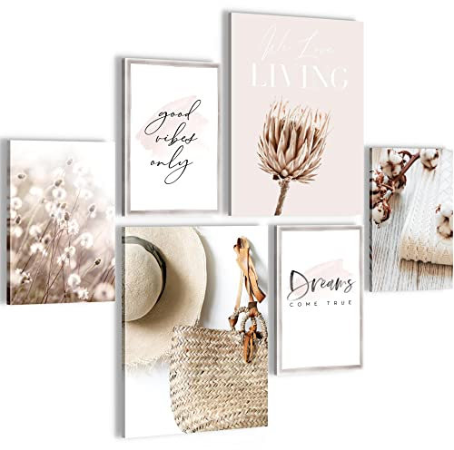 Novart Wandbilder Set Boho Pampasgras Beige Rosa - KEIN EXTRA RAHMEN BENÖTIGT - Modern Deko - Wohnzimmer Schlafzimmer N006663a