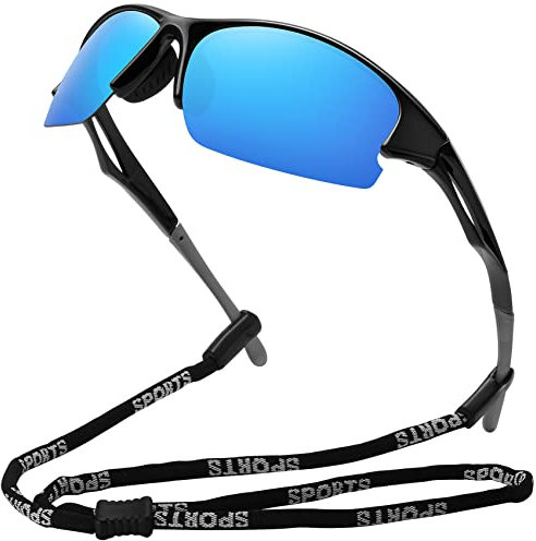 MEETSUN Sports Polarized Sunglasses for Men Women Half Frame Driving Fishing Cycling Sun Glasses 100% UV400 Protection Black Frame-Blue Mirror Lens