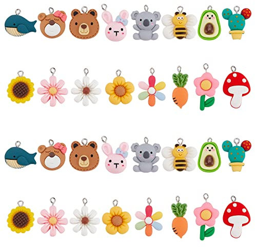 CHGCRAFT 32 Stück Harz-Charms: Cartoon, Bunte Tier- und Obst-Anhänger aus Kunstharz für Halsketten, Armbänder, Ohrringe, Bastelarbeiten, 22 x 20 x 10,5 mm