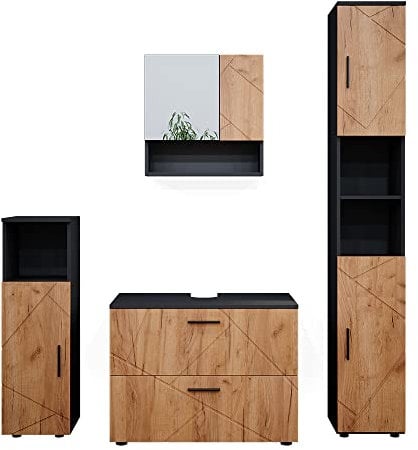 Vicco Badmöbel-Set Irma, Anthrazit/Eiche, 4 Teile, mit Schubladenschrank und Hochschrank