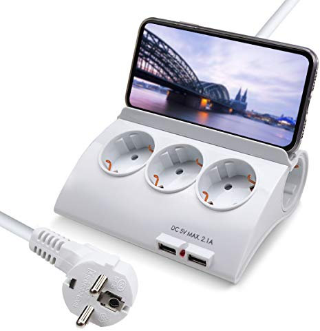 EXTRASTAR Regleta con 5 Enchufes y 2 Puertos USB e Interruptor, Cable de Alimentación de 1,5 Metros, con Enchufe de Eléctricas y Protección para niños Europe, Blanco, 3680W 230V 16A