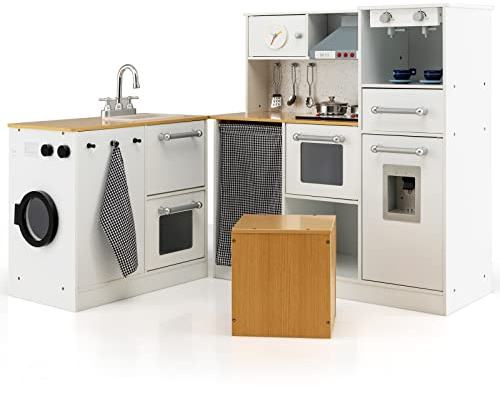 COSTWAY Cuisine Enfant en Bois avec Sons et Lumière Réels, Jeu de Cuisine Bois Enfant avec Machine à Laver & Tabouret, Cafetière & Distributeur d'eau, Jeu d'Imitation pour Garçon Fille de 3 Ans+