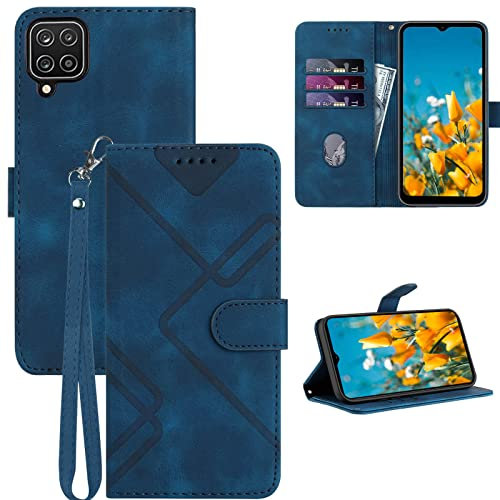 GOTOURED for Samsung Galaxy A12 Phone Case Wallet, Card Holder Leather, Wrist Strap, Magnetic Closure, Kickstand, Shockproof Protective Pattern Flip Cover (Blue)