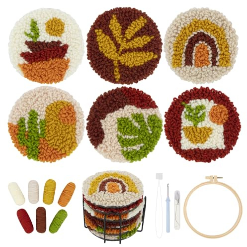Temlum 6pcs Punch Needle Coasters Kit for Adults and Beginners(Plants) | Punch Needle Embroidery Kits Including Patterns, Tools, Yarns, Hoop, Instruction, Coaster Holder