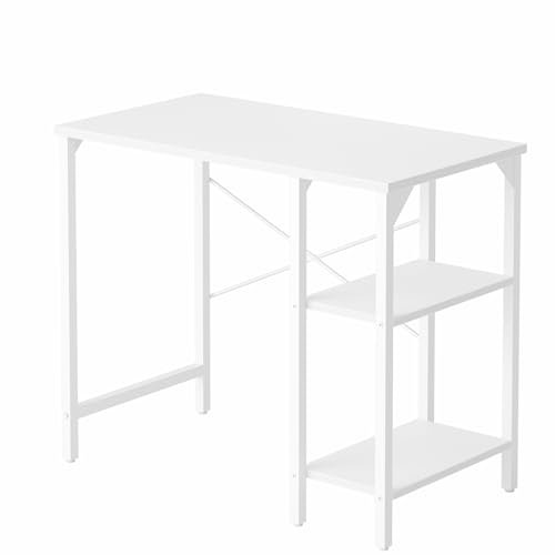 BANTI Kleiner Computertisch, 89,9 cm, Home-Office-Schreibtisch mit 2 Ablagen auf der linken oder rechten Seite, Arbeitsschreibtisch mit Aufbewahrungstasche, Weiß