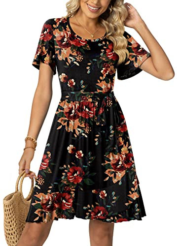 Aodemo Women Casual Summer Empire Waist Short Sleeves Work Dresses Ruffle Hem Swing Tie Waist Beach Dress L, Fl Brown Black