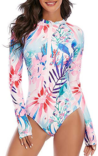 Zando Rash Guard Swimsuits for Women, UPF 50+ Long Sleeve Swimsuit Women, One Piece Zip Floral Print Modest Swimwear, Colourful Leaves, L