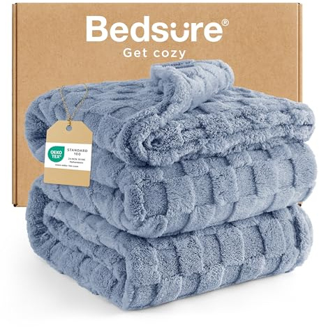 Bedsure Fleece Blanket for Bed - Soft Cosy Checkered Blankets, Fluffy Warm Large Throw for Women and Girls, Blue, 228x228 cm