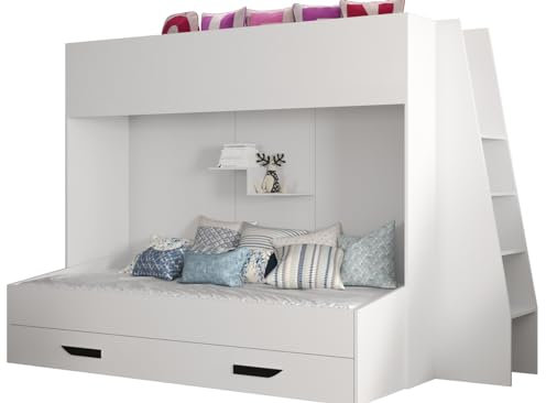 MEBLE KRYSPOL Party 17 Hochbett für Kinder, Jugendliche mit Stauraum - Etagenbett mit Schreibtisch, Kleiderschrank, Bücherregal und Trittleitern - 230x135x165 cm - Weiß, Weiß, Schwarz