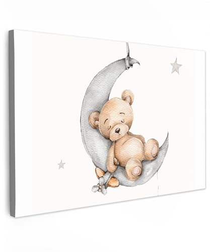 MuchoWow© Leinwandbild Groß 120x80 cm XXL Dekoration Wohnzimmer Bilder Pictures Wall Decoration Living Room Wohnungs Deko Moderne Bild Bär - Mond - Sterne - Kinder