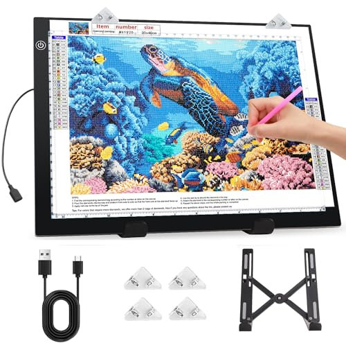 Zocelight A3 Light Pad for Diamond Painting Kit,4800Lux Super Bright 5mm Ultra Thin Diamond Art Light Board with Stand and Clip,3 Levels Dimming Light Box for Drawing,Sketching,Animation