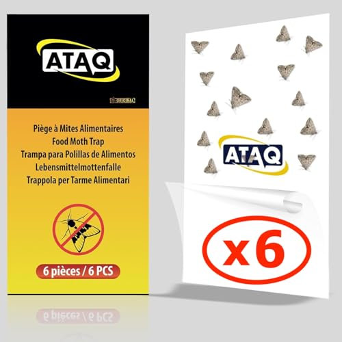 ATAQ – Pack de 6 pièges à Mites Alimentaires – Piège Anti Mites Adhésif à Phéromones avec Colle Haute Performance Contre l’infestation des Mites en Cuisine, protège Les Aliments, inodore Non Toxique