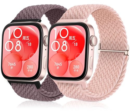 2-Stück Geflochtenes Bänder Kompatibel mit Huawei Watch Fit 4/4 Pro/Fit 3 Armband, Elastisch Nylon Armbänder Zubehör Weiches Stoff Uhrenarmband für Damen Herren,Rosa+Violett