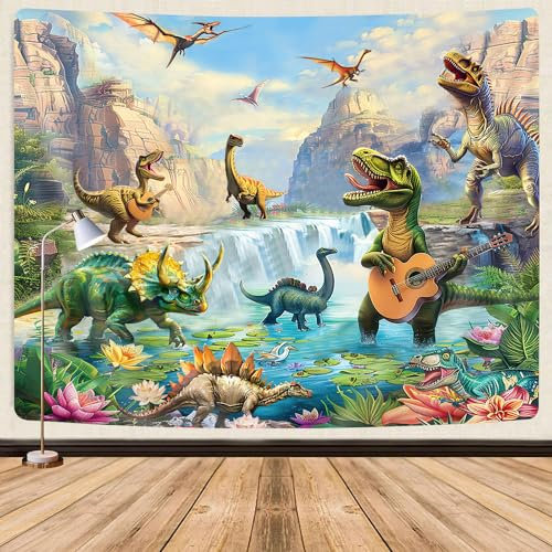 Dinosaurier-Poster-Tapisserie für Jungen und Kinder, cooles Dinosaurier-Wald, antikes Märchenwald, Wandteppich, Wandbehang, lustiger T-Rex-Dinosaurier-Spielgitarre, Wandkunst, Hintergrund, Tapisserie,