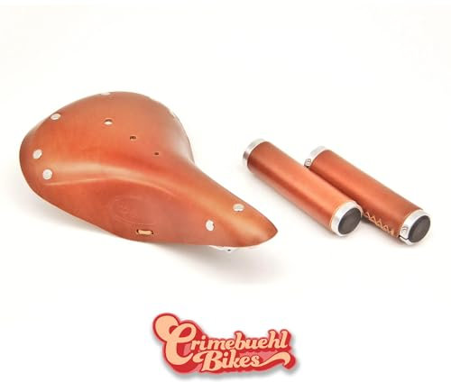 Vintage Ledersattel & Griffe Bundle | Echtleder | Authentic Retro Style | Ride in Style mit Crimebuehl Bikes (Braun)
