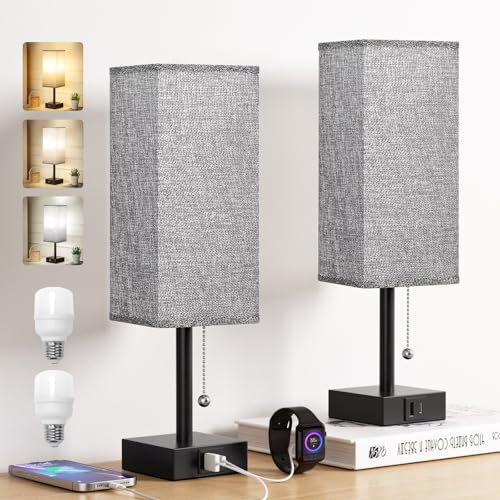 Kakanuo Nachttischlampe 2er Set mit USB A+C-Anschlüssen, 3 Farbtemperaturen, Kleine Lampe mit Zugschalter Grau Leinen-Lampenschirm, Tischlampe für Nachttisch Wohnzimmer Schlafzimmer Büro
