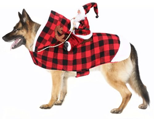 Mfsdai Hund Weihnachtskostüm, Santa Reiten Kleidung Hundekostüm, Hundepullover Mantel Weihnachten Schottenmuster für Kleine Mittel Große Hunde Katzen XXL