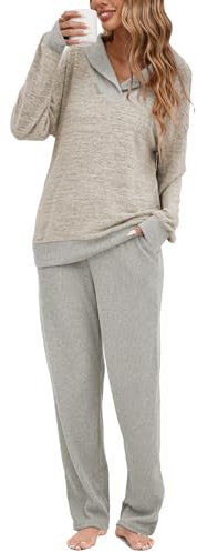 Famulily Ladies Pjs Casual Shawl Collar Long Sleeve Pullover Top and Ribbed Elastic Waist Pants Khaki M