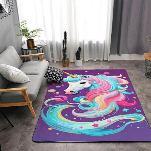 SHROUDEX Einhorn Kinderteppich Mädchen Einhorn Regenbogen Pferd Flanell Teppich kurzflor Spielteppich Kinderzimmer Teppich rosa Creme für Schlafzimmer Spielzimmer (4,120x160cm)