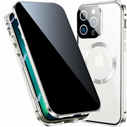 TOPF&B Magnetic Case for iPhone 16 Pro Max Privacy Cover,360 Degree Full Cover Built-in Privacy Screen Protector and Camera Protector[Compatible MagSafe],Metal Bumper Case for iPhone 16 Pro Max,Silver