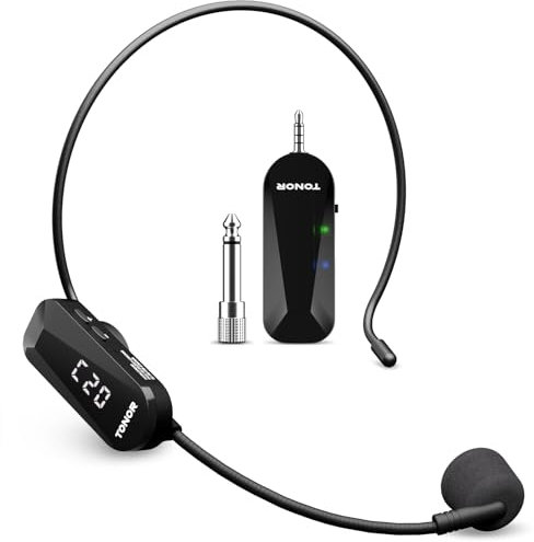 TONOR Wireless Mikrofon Headset, UHF Wiederaufladbares Drahtloses Mikrofon, 20 Kanäle mit 30m Kabelloser Übertragung, Für Fitness, Unterricht, Führungen, Sprachverstärker
