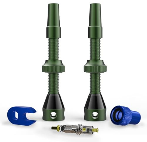 Shredr. Tubeless Ventile Set | Presta Ventile für Schlauchlos-Reifen | Superleichtes Alu, bunt eloxiert, französisches Ventil | inkl. Ventil-Adapter, Ersatz-Ventil und Werkzeug. (dunkelgrün, 44mm)