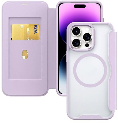 HAONANDE Magnetica Cover Per iPhone 14 PRO, Custodia Pelle PU Flip Compatibile con MagSafe, slot per carte, blocco RFID, Pportafoglio Protettiva Antiurto Trasparente Case Viola