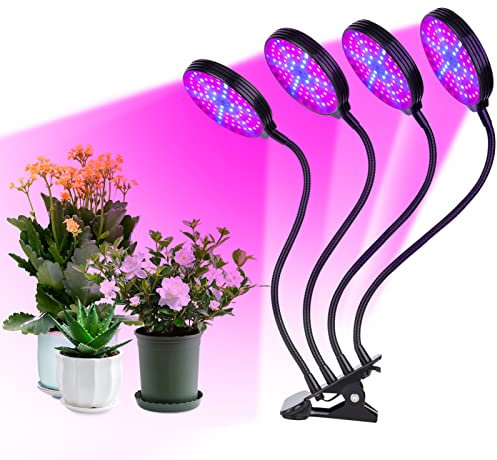 kosingna LED Grow Light for Indoor s 60W 4-Head Red & Blue LEDs Auto On & Off with 4/8/ 12H Timer 3 Light Modes 5 Bghtness Levels IP66 Waterproof Clip-On Desk Growing Lamps for Seedlings