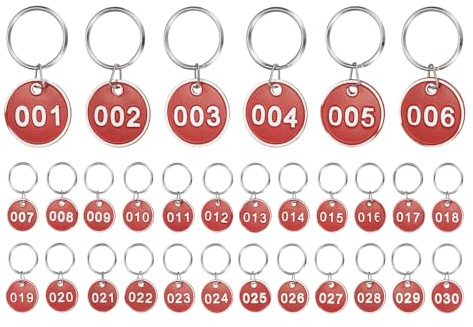 PATIKIL 30STK Nummernetiketten 1-30 Tischnummer Schlüsselanhänger Aluminium Numerierte Schlüsselanhänger Metall Mit Schlüsselringen Rot