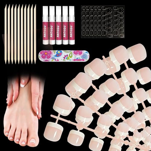 120 Pièces Faux Ongles Pieds, French Faux Ongles D'orteil, Court Faux Ongles D'orteil à Couverture Complète, Outils faux ongles et accessoires pour Femmes et Filles