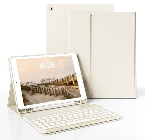 JKSML Tastatur Hülle für iPad 9./ 8./ 7.Generation (2021/2020/ 2019) mit Pencil Halter, Soft TPU Rückseite Schutzhülle, Abnehmbarer Bluetooth QWERTZ Tastatur für iPad 10.2 Zoll (Creme Weiße)
