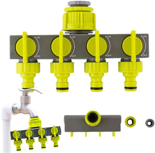 Dynaeuty Distributeur Arrosage 4 Voies, Diviseur de Tuyau, avec Interrupteur de Commande, Les Travaux D'écoulement d'eau à 4 ou 1 Voies Peuvent être Effectués en Même Temp (Vert)