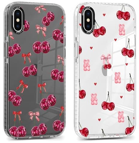Saqmkil 2 Stück Hülle für iPhone X/XS, Aesthetic Schleifen Muster Design Mädchen Frauen Handyhülle, Transparent Weich Silikon Süßes Motiv Stoßfest Case Schutzhülle für iPhone XS 5,8'',Kirsche