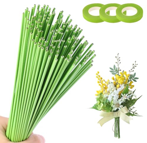 msymsyu 200 Stück Grün-Basteldraht 2mm×30cm Blumenstängel Draht | Hellgrün Flexibel Blumendraht, mit 3R 12mmx30m Floristenkrepp für Wrapping Blumensträuße und Floralen Handwerken