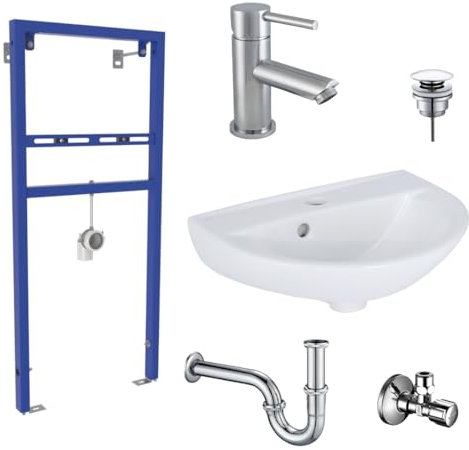 Belvit Waschbecken Komplettset 45cm Keramik Rosmarin mit Armatur, Vorwandelement, Pusher, Siphon und Schell Eckventil