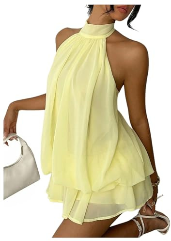 Verdusa Women's Chiffon Halter Drop Waist Flowy Wedding Guest Mini Dresses | Bouncy Dress, Sleeveless, Ruffle Hem, Loose Fit, Brunch Outfits, Birthday, Going Out, Cocktail, Y2k, Butter Yellow, X-Small