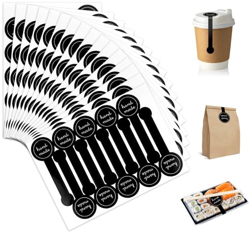 600Pcs Black Handmade Bakery Stickers, Long Self Adhesive Tamper Proof Food Sealing Labels for Cake Boxes, Pastry Bags, Lollipops, Candy, Bread