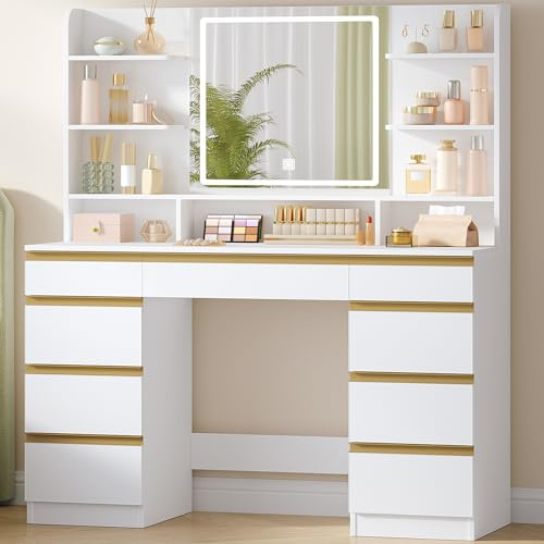 Hzuaneri Dressing Table with LED Light, Vanity Desk with 9 Drawers | 1 Large Drawer and 8 Small Drawer Cabinets, Adjustable Brightness, Large HD Mirror, 9 Open Storage Areas, White-Gold DT41903X