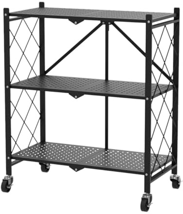 RMNKTHC 3 Etagen Klappregal Schwerlastregal, Haushaltsregal Standregal Faltbare Aufbewahrungswagen, Klappbares Regal mit Rollen, 71.5 x 36.5 x 87cm Metallregal, Klappregal für die Küche (Schwarz)